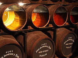 Stages of cask maturation at Midelton. Different casks with different coloured whisky