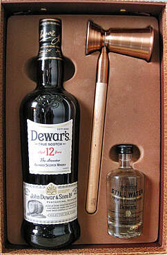 Dewars with Pure Pitilie Burn Water from the Scottish Highlands and a Measure for the Perfect Serve