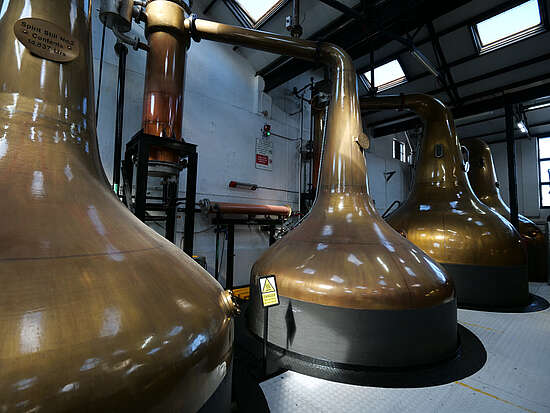 The pot stills of the Bowmore distillery
