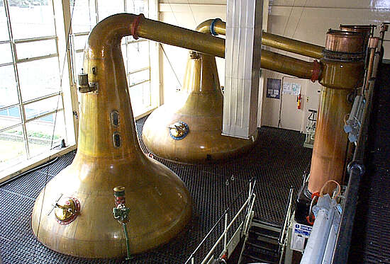 The wash and spirit stills inside the distillery.