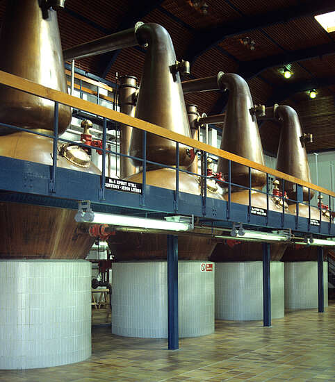 The pot stills of the Auchroisk distillery.